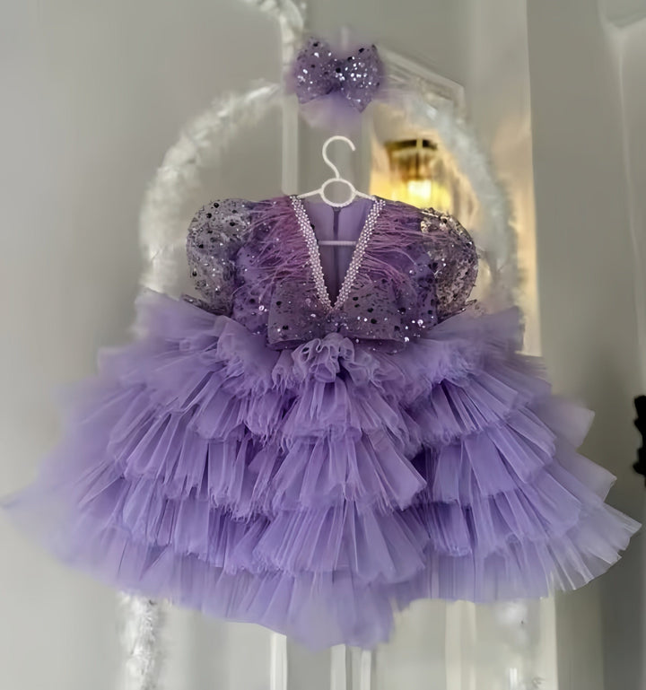 9m / Lavender Sunnypetal Puffy Tiered Flower Girl Dress Tulle Sequins Long Sleeves Knee Length Ball Gown