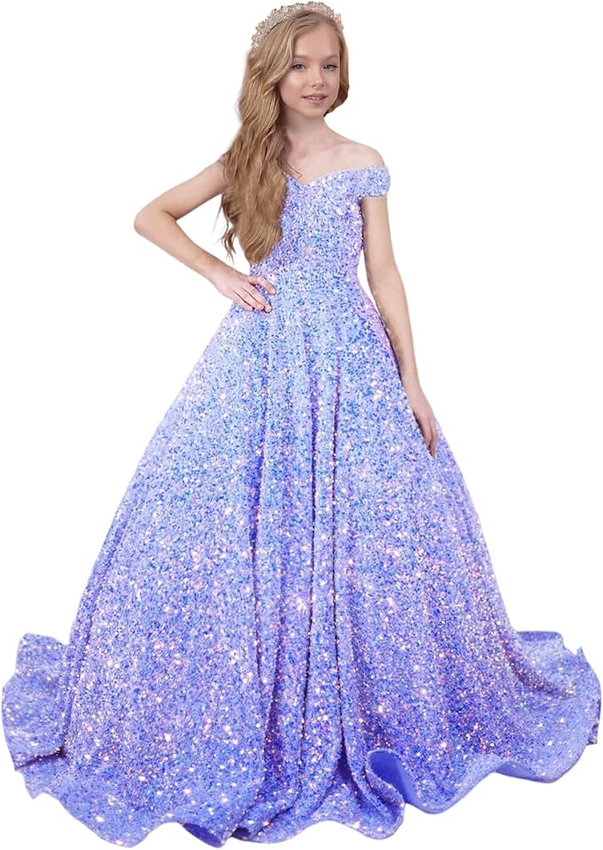 9m / Lavender Sunnypetal Sparkly Sequin Pageant Dresses Off Shoulder Flower Girl Dress Kids Wedding Ball Gown
