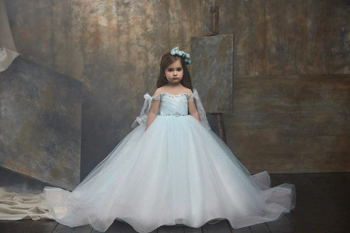 9m / Light Blue Sunnypetal Crystal Elegance Ball Gown Sparkling Tulle Flower Girl Dress with Bow Short Sleeves
