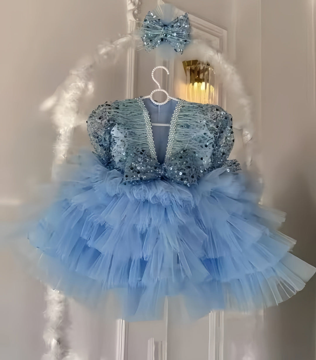9m / Light Blue Sunnypetal Puffy Tiered Flower Girl Dress Tulle Sequins Long Sleeves Knee Length Ball Gown