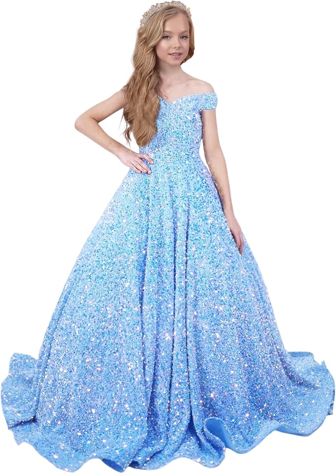 9m / Light Blue Sunnypetal Sparkly Sequin Pageant Dresses Off Shoulder Flower Girl Dress Kids Wedding Ball Gown