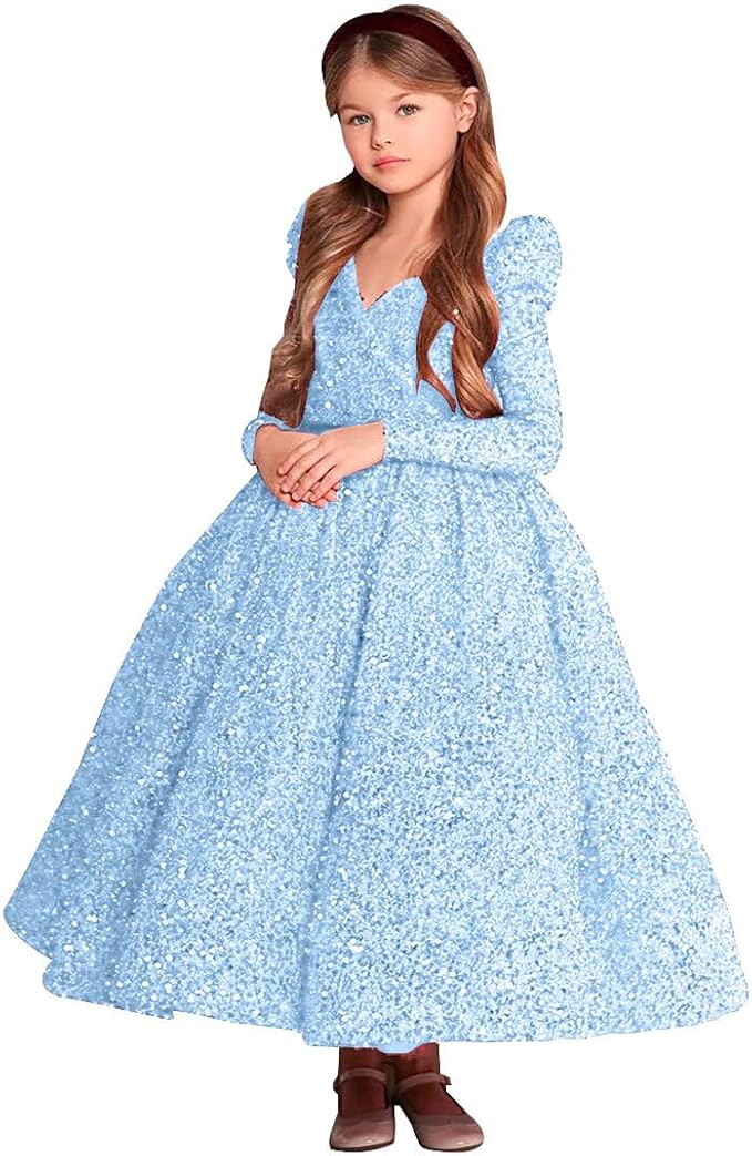 9m / Light Blue Sunnypetal Sparkly V-Neck Sequin Flower Girl Dress Birthday Party Pageant Gown