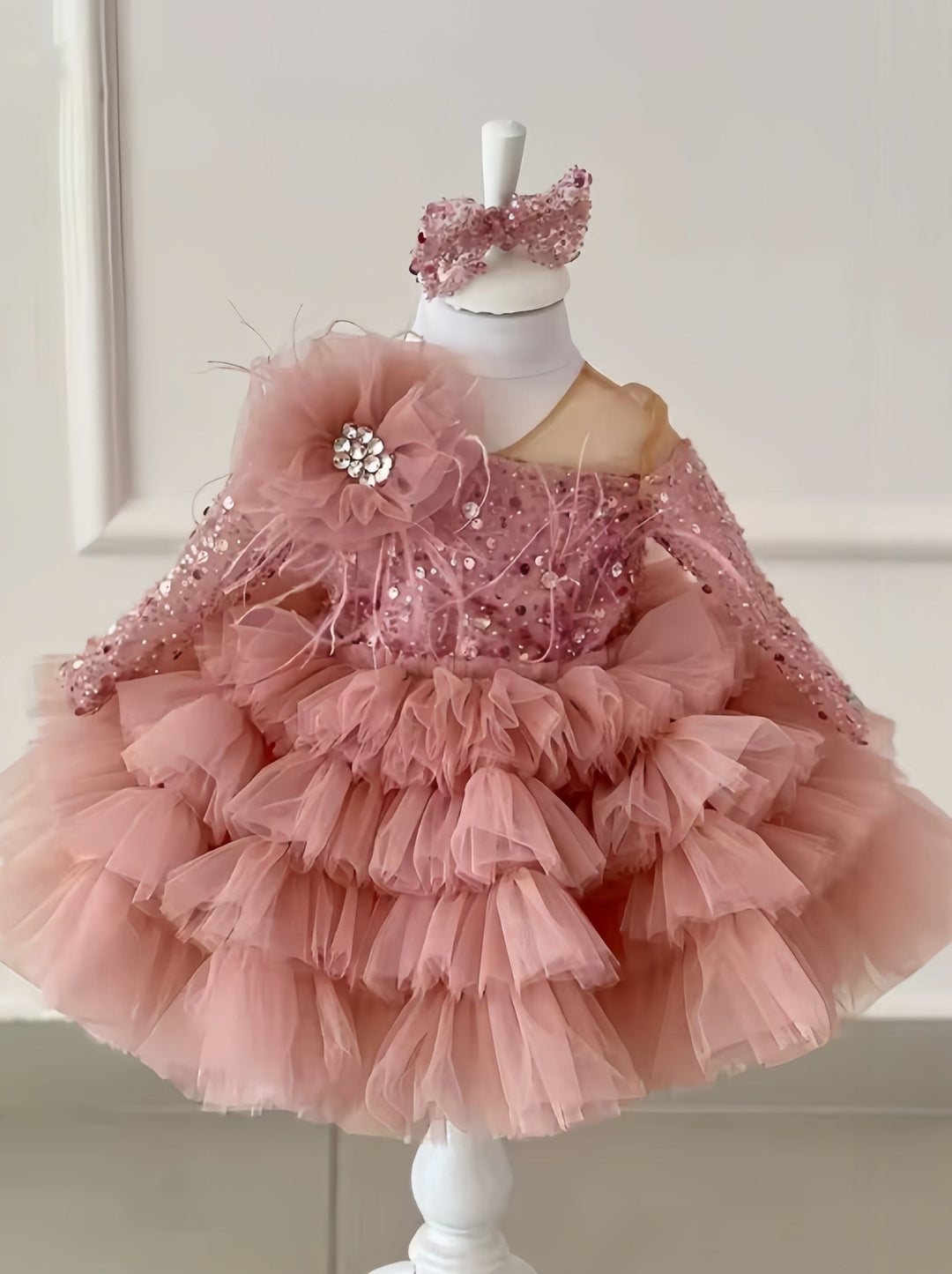 9m / Light Pink Sunnypetal Off Shoulder Long Sleeves Sequin Beaded Bow Tiered Tulle Flower Girl Dresses