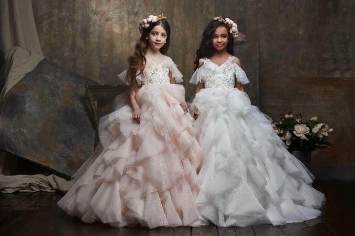 9m / Light Pink Sunnypetal Soft Layered Glitter Tulle Princess Flower Girl Dresses Wedding Party Ball Gown