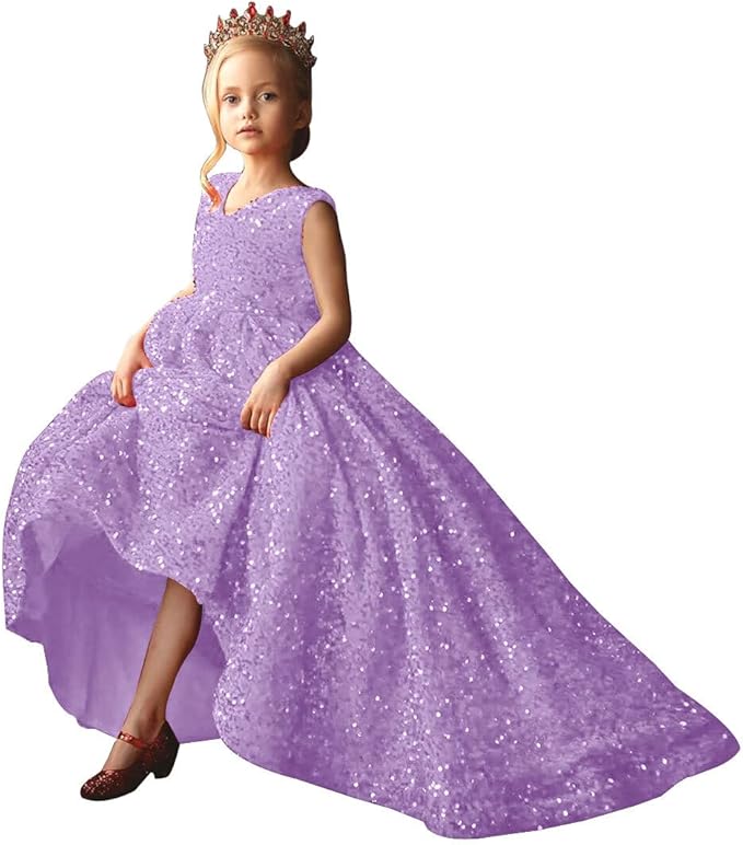 9m / Lilac Sunnypetal Elegant Princess Flower Girl Dress with Sparkling Sequins and Flowing Train