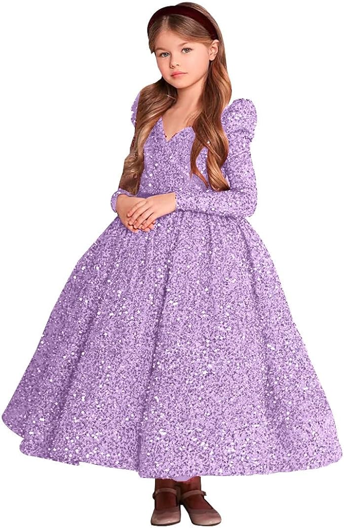 9m / Lilac Sunnypetal Sparkly V-Neck Sequin Flower Girl Dress Birthday Party Pageant Gown