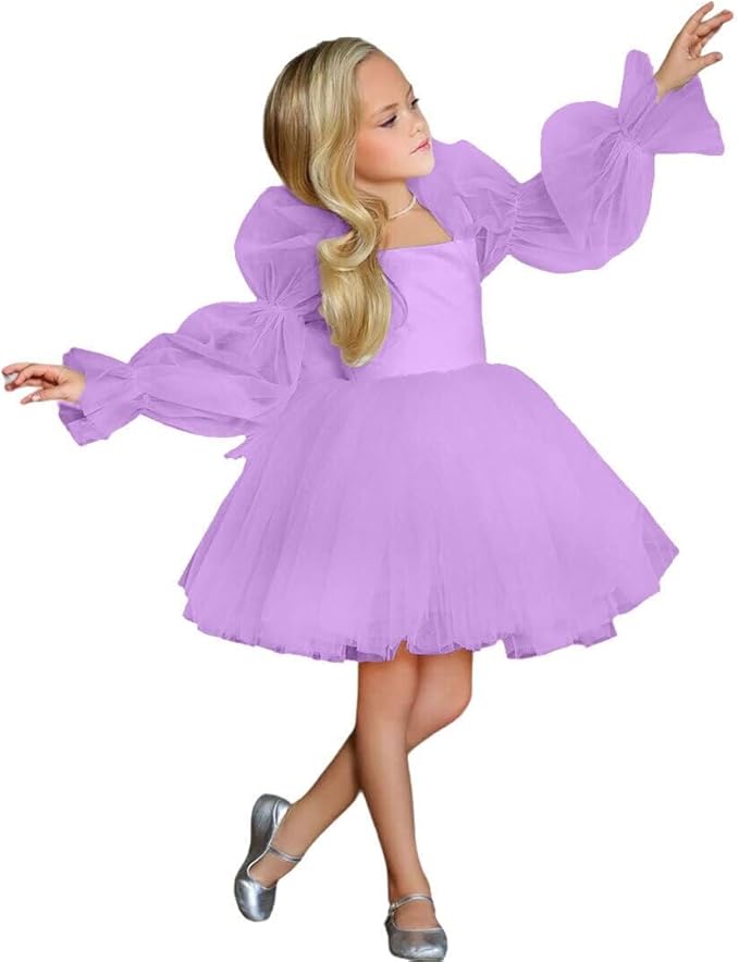 9m / Lilac Sunnypetal Tulle Long Sleeve Flower Girl Dresses for Wedding Short Princess Pageant Dress