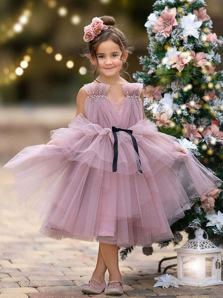 9m / Mauve Sunnypetal Tulle Sleeveless V-Neck Knee-Length Toddler Girl Dress Birthday Party Princess Dress