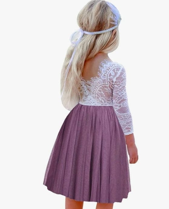 9m / Mauve Sunnypetal Vintage Lace Long Sleeve Knee-Length Flower Girl Tulle Dresses for Kids