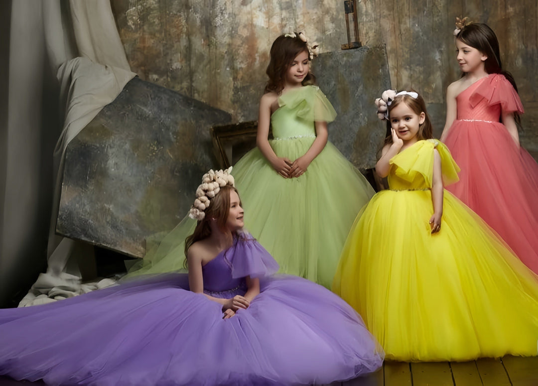 9m / Mint Green Sunnypetal Elegant Single Sleeve Bow Off-Shoulder Ball Gown Long Princess Flower Girl Dresses