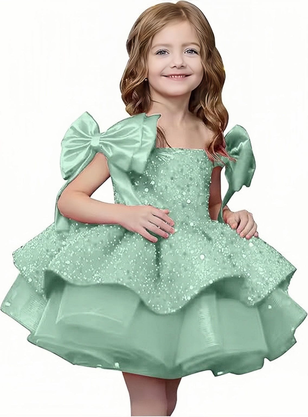 9m / Mint Green Sunnypetal Off-Shoulder Sparkly Sequins Knee-Length Flower Girl Dresses with Bow Shoulder