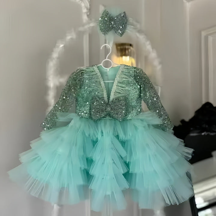 9m / Mint Sunnypetal Puffy Tiered Flower Girl Dress Tulle Sequins Long Sleeves Knee Length Ball Gown