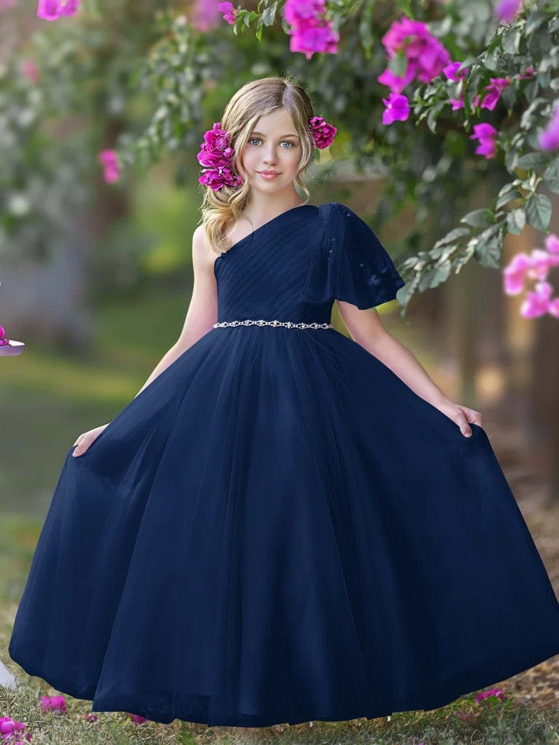 9m / Navy Sunnypetal One-Shoulder Tulle A-Line Floor-Length Flower Girl Dresses Birthday Pageant Holiday Dress