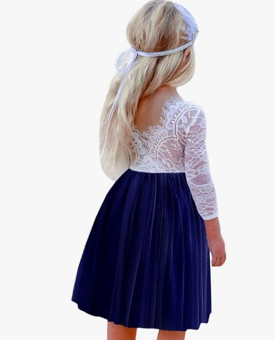 9m / Navy Sunnypetal Vintage Lace Long Sleeve Knee-Length Flower Girl Tulle Dresses for Kids