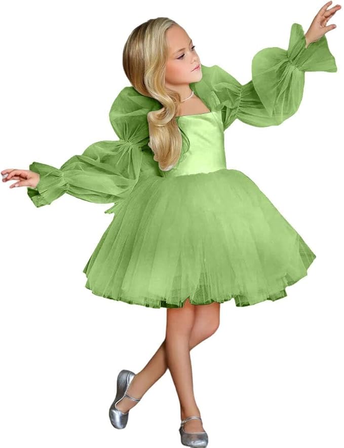 9m / Olive Green Sunnypetal Tulle Long Sleeve Flower Girl Dresses for Wedding Short Princess Pageant Dress
