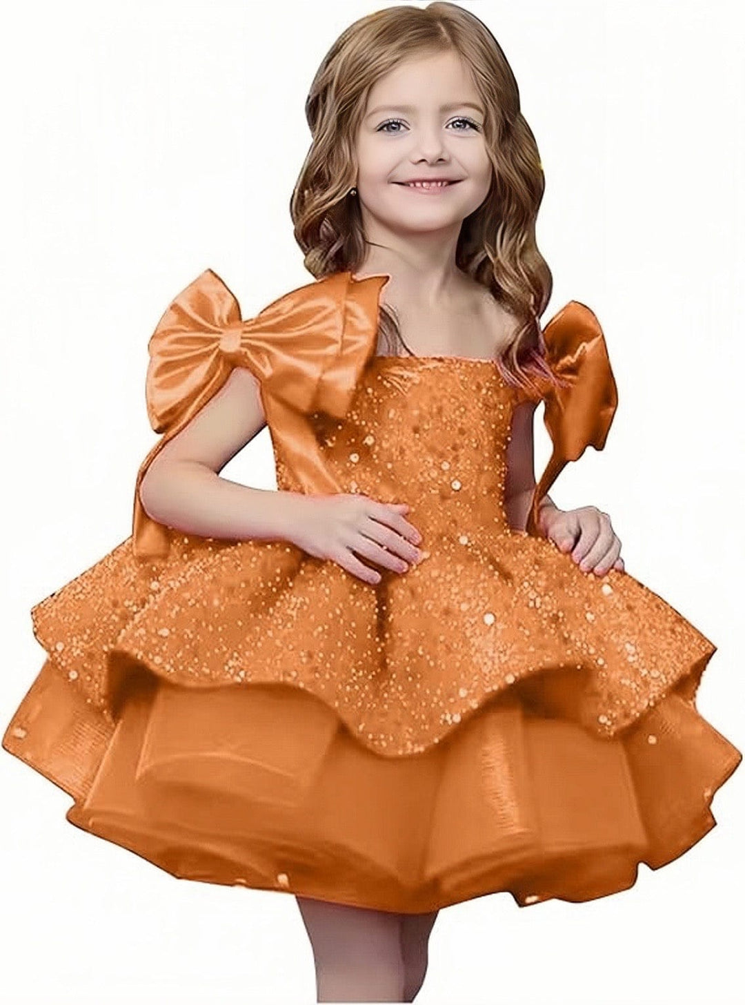9m / Orange Sunnypetal Off-Shoulder Sparkly Sequins Knee-Length Flower Girl Dresses with Bow Shoulder
