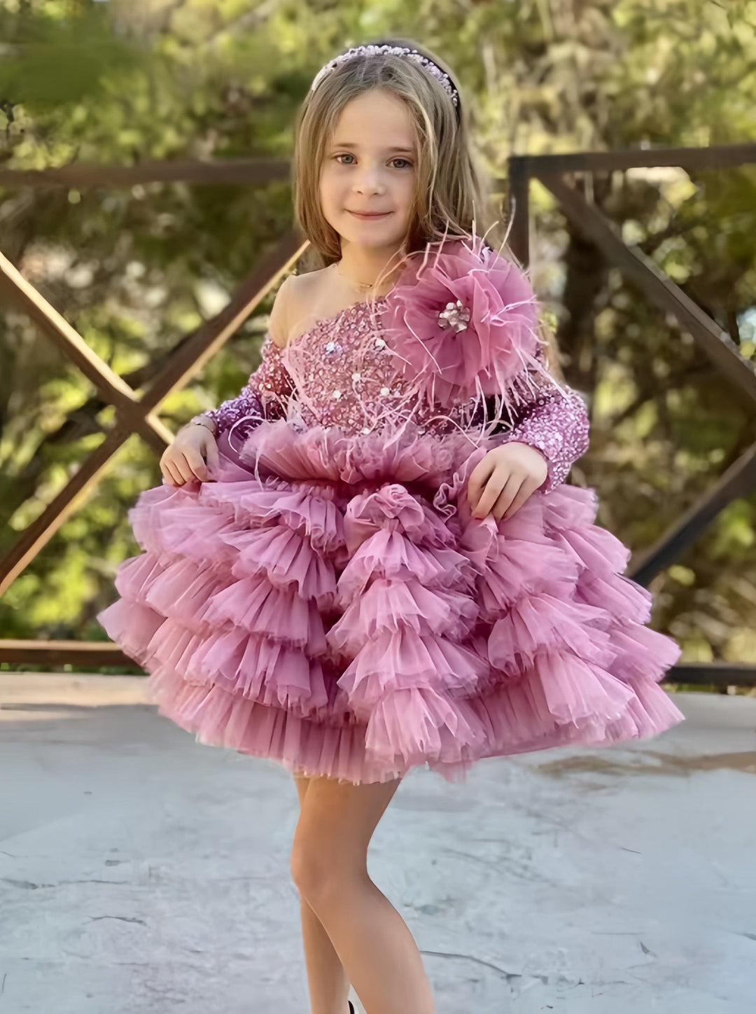 9m / Picture Color Sunnypetal Off Shoulder Long Sleeves Sequin Beaded Bow Tiered Tulle Flower Girl Dresses