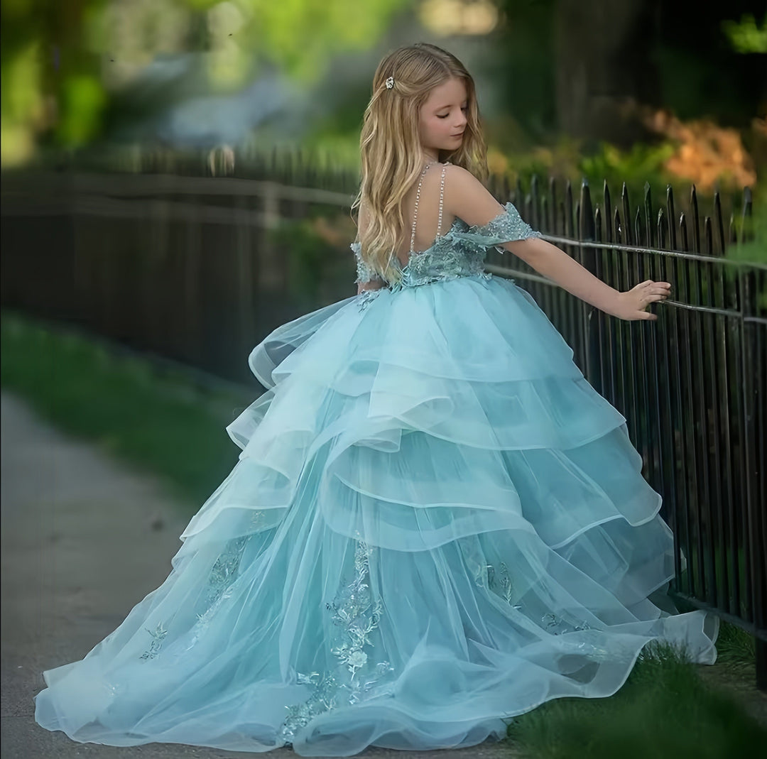 9m / Pictured Color Sunnypetal Long Appliques Flower Girl Dresses Pageant Wedding Gown Lace Ruffles Princess Dress