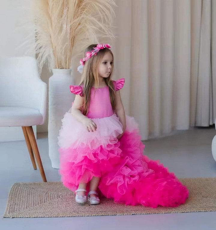 9m / Pink as image Sunnypetal Cute Baby Toddler Flower Girl Dresses Tulle Ruffles Hi-Lo Bow Party Birthday Dress
