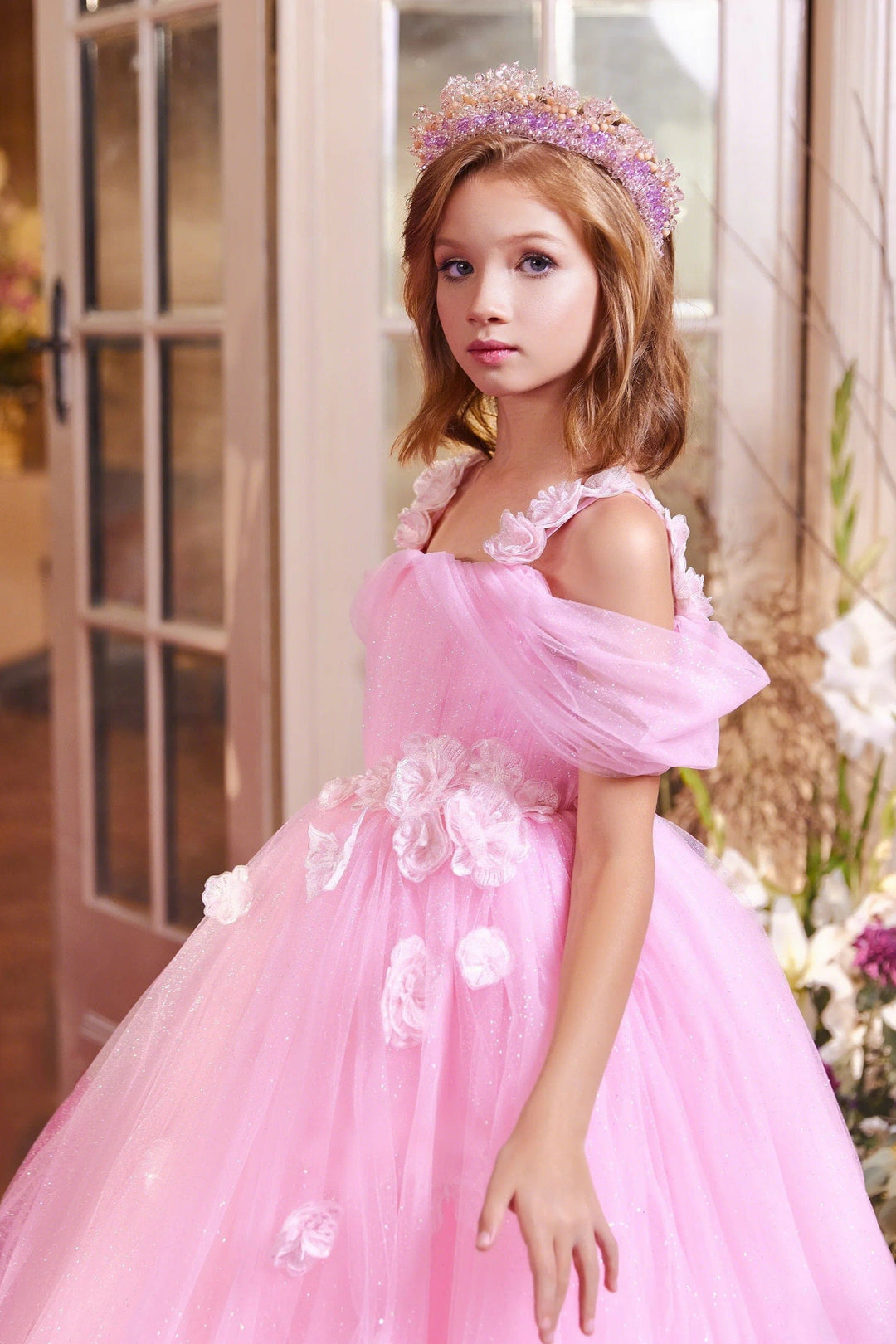 9m / Pink Sunnypetal Enchanting Off-The-Shoulder 3D Flowers Tulle Flower Girl Gowns