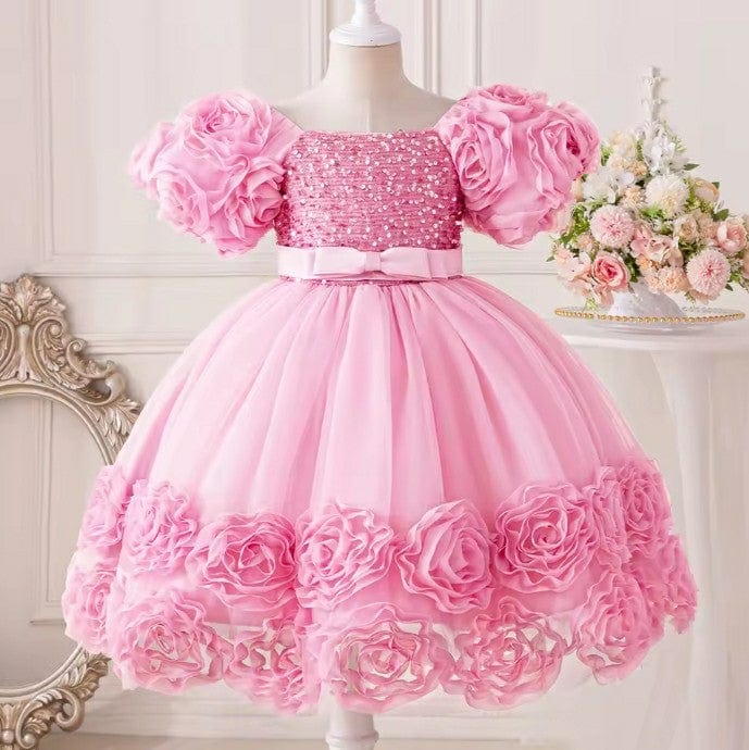 9m / Pink Sunnypetal Exquisite 3D Flowers Puffy Sleeves Square Neck Sequins Flower Girl Dresses