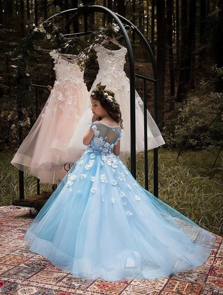 9m / Pink Sunnypetal Exquisite Blue 3D Floral Appliqué Ball Gown for Your Little Princess