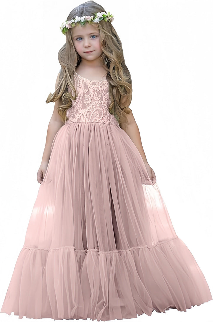 9m / Pink Sunnypetal Flower Girl Dress Lace/Tulle Boho Toddler Dresses