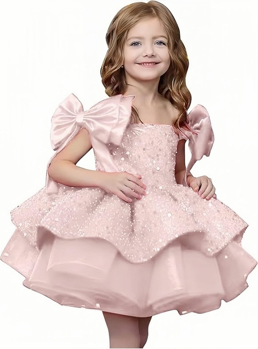 9m / Pink Sunnypetal Off-Shoulder Sparkly Sequins Knee-Length Flower Girl Dresses with Bow Shoulder
