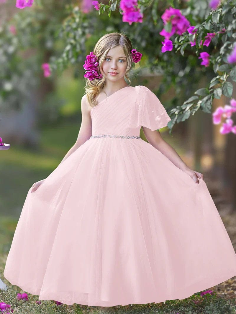 9m / Pink Sunnypetal One-Shoulder Tulle A-Line Floor-Length Flower Girl Dresses Birthday Pageant Holiday Dress