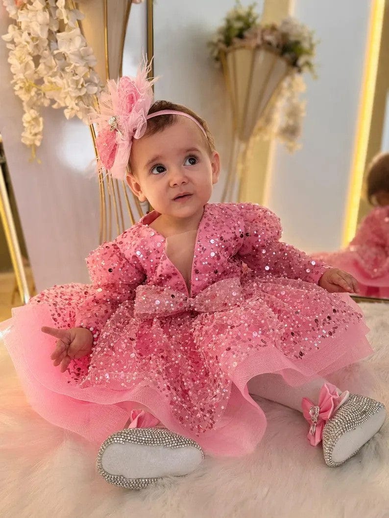 9m / Pink Sunnypetal Pink Baby Girl Pageant Tulle Dress Sequins Toddler Birthday Party Gown