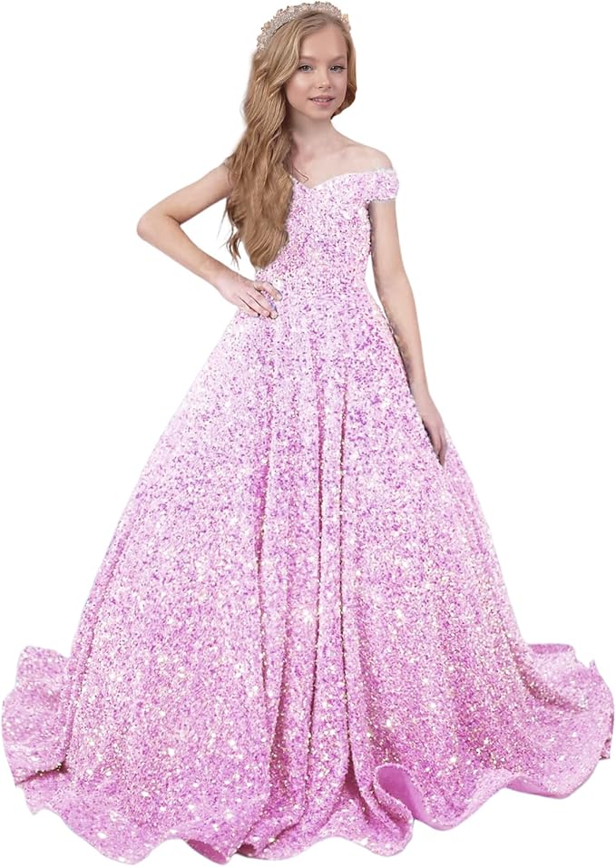 9m / Pink Sunnypetal Sparkly Sequin Pageant Dresses Off Shoulder Flower Girl Dress Kids Wedding Ball Gown