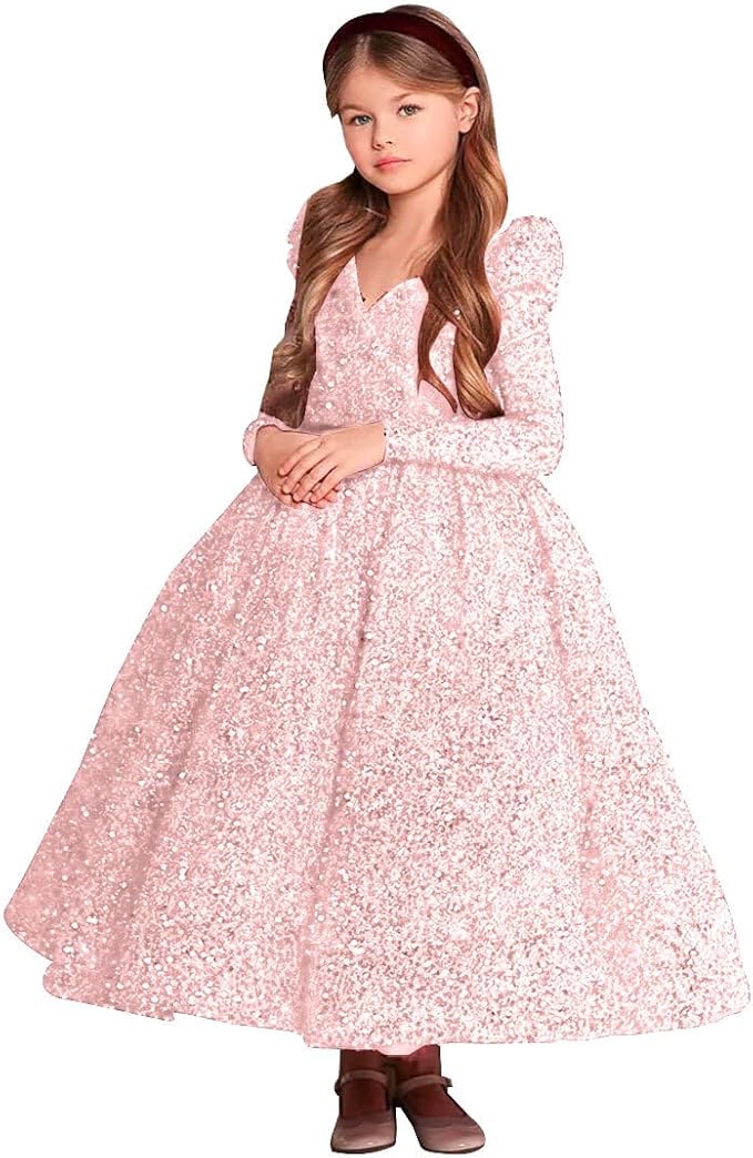 9m / Pink Sunnypetal Sparkly V-Neck Sequin Flower Girl Dress Birthday Party Pageant Gown