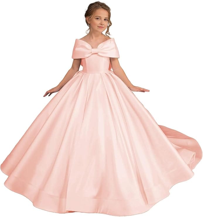 9m / Pink Sunnypetal White Off Shoulder Satin Ball Gown Bow Princess Flower Girl Dress