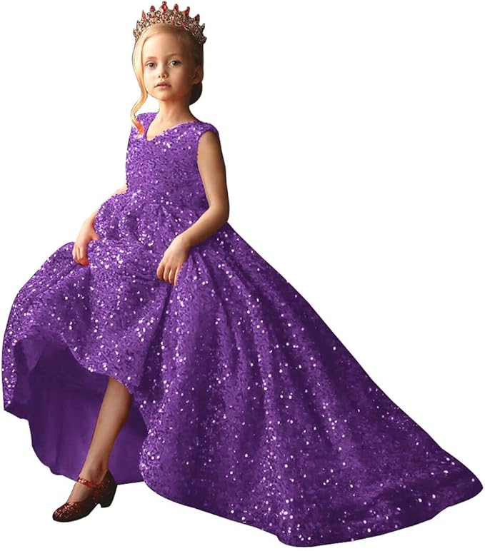 9m / Purple Sunnypetal Elegant Princess Flower Girl Dress with Sparkling Sequins and Flowing Train