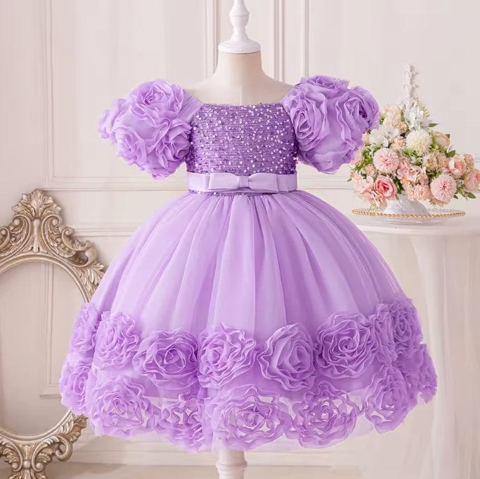 9m / Purple Sunnypetal Exquisite 3D Flowers Puffy Sleeves Square Neck Sequins Flower Girl Dresses