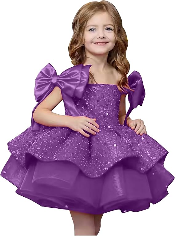9m / Purple Sunnypetal Off-Shoulder Sparkly Sequins Knee-Length Flower Girl Dresses with Bow Shoulder