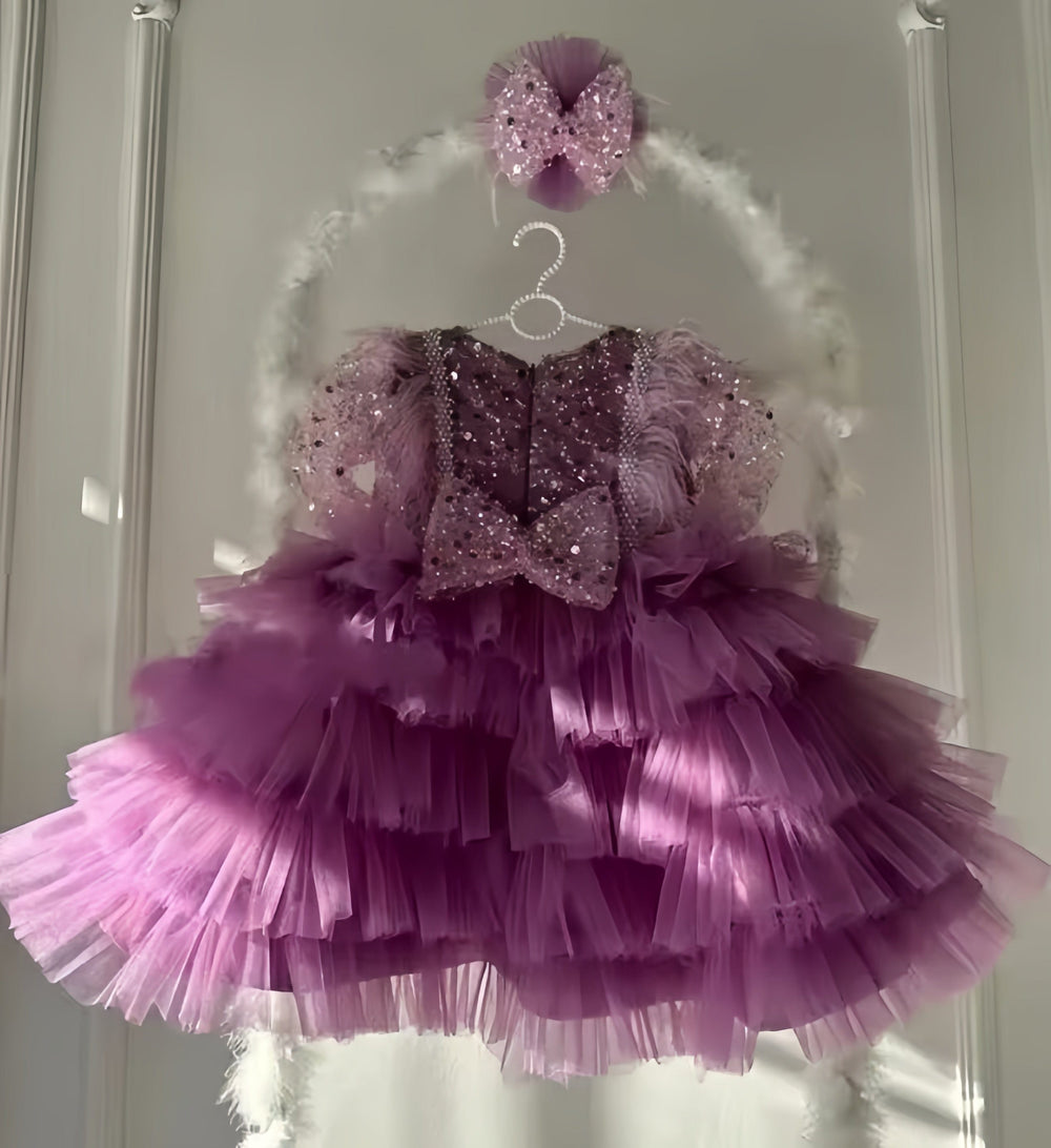 9m / Purple Sunnypetal Puffy Tiered Flower Girl Dress Tulle Sequins Long Sleeves Knee Length Ball Gown