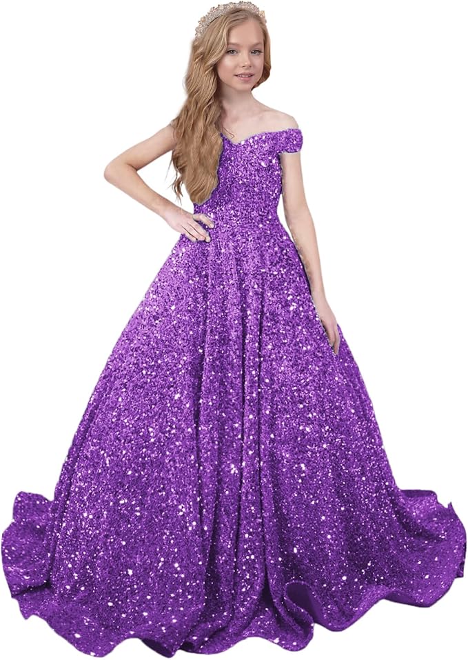9m / Purple Sunnypetal Sparkly Sequin Pageant Dresses Off Shoulder Flower Girl Dress Kids Wedding Ball Gown