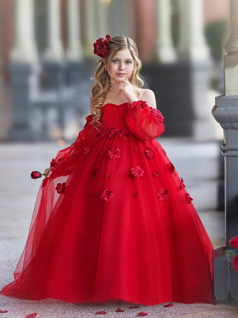 9m / Red Sunnypetal 3D Flower Princess Ball Gown Off-Shoulder Long Sleeves Girl Birthday Pageant Dresses