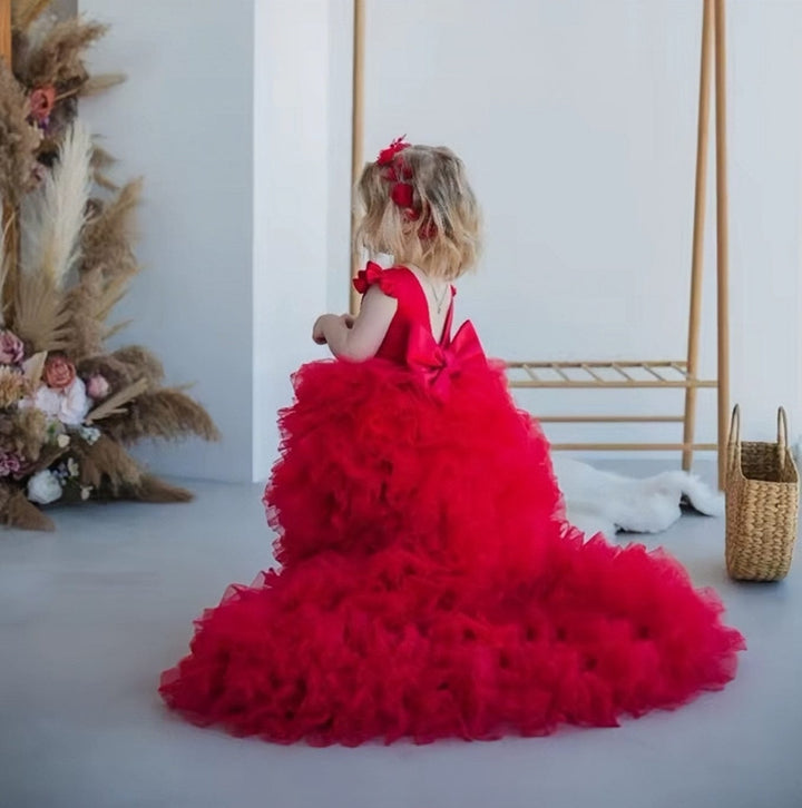 9m / Red Sunnypetal Cute Baby Toddler Flower Girl Dresses Tulle Ruffles Hi-Lo Bow Party Birthday Dress