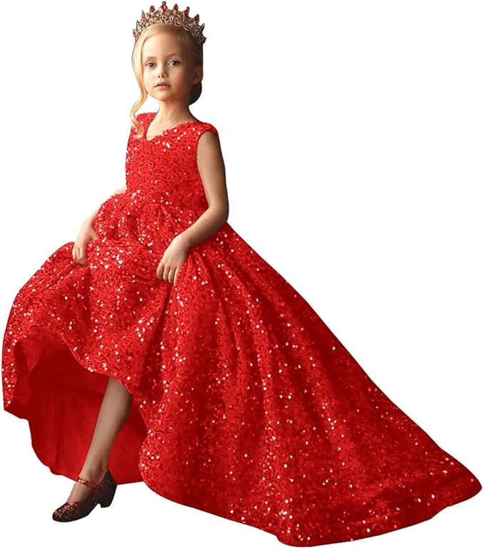 9m / Red Sunnypetal Elegant Princess Flower Girl Dress with Sparkling Sequins and Flowing Train