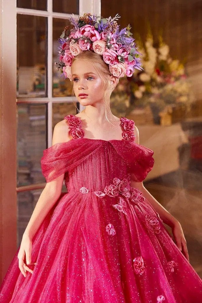 9m / Red Sunnypetal Enchanting Off-The-Shoulder 3D Flowers Tulle Flower Girl Gowns