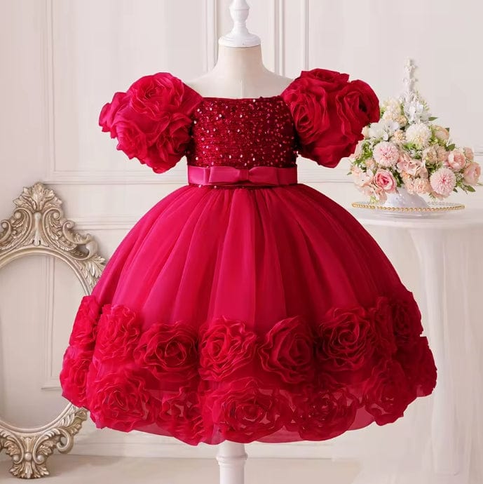 9m / Red Sunnypetal Exquisite 3D Flowers Puffy Sleeves Square Neck Sequins Flower Girl Dresses