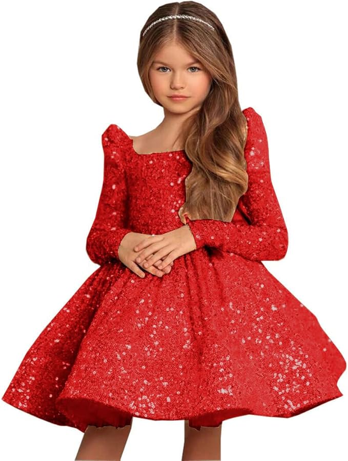 9m / Red Sunnypetal Long Sleeve Sequin Pageant Prom Knee-Length Flower Girl Dress