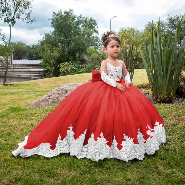 9m / Red Sunnypetal Long Sleeves Weddings Flower Girl Dresses Toddlers Sparkly 1st Communion Party Gowns