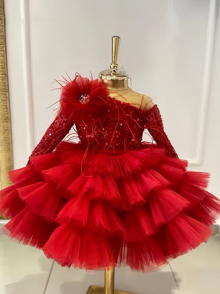 9m / Red Sunnypetal Off Shoulder Long Sleeves Sequin Beaded Bow Tiered Tulle Flower Girl Dresses