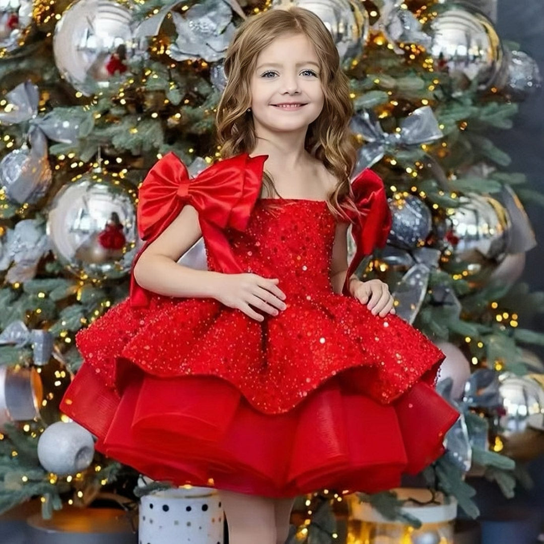 9m / Red Sunnypetal Off-Shoulder Sparkly Sequins Knee-Length Flower Girl Dresses with Bow Shoulder