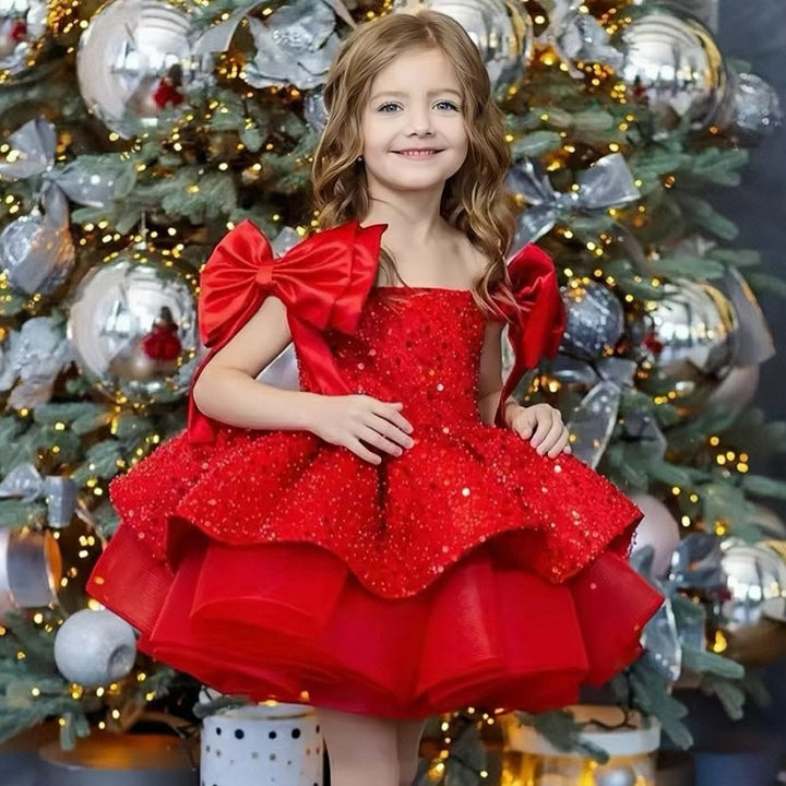 9m / Red Sunnypetal Off-Shoulder Sparkly Sequins Knee-Length Flower Girl Dresses with Bow Shoulder