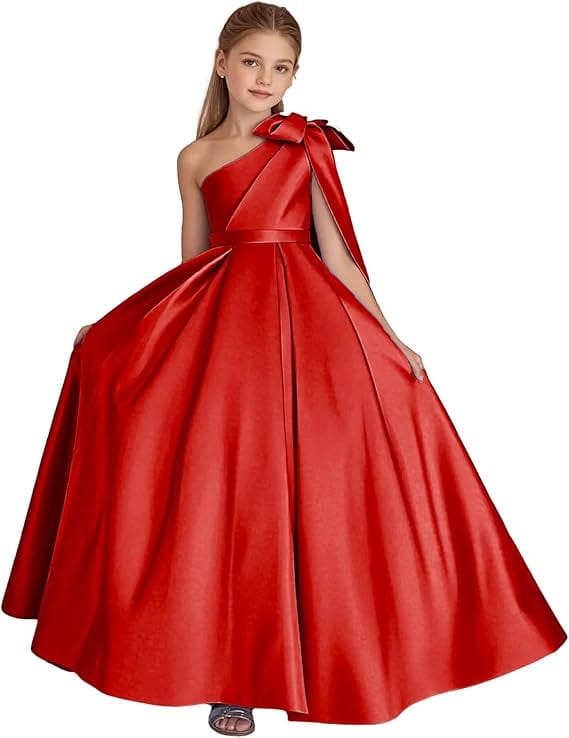 9m / Red Sunnypetal One Shoulder Flower Girl Dress Satin Wedding First Communion Dress with Bow