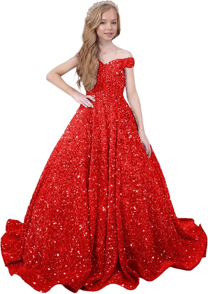 9m / Red Sunnypetal Sparkly Sequin Pageant Dresses Off Shoulder Flower Girl Dress Kids Wedding Ball Gown
